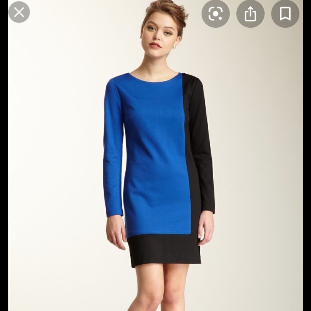 Trina Turk Cubanist Colorblock Blue Black Dress Long Sleeve Career Knee